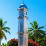 Torre do Relógio prateada em Victoria, Seychelles, com árvores tropicais ao fundo.
