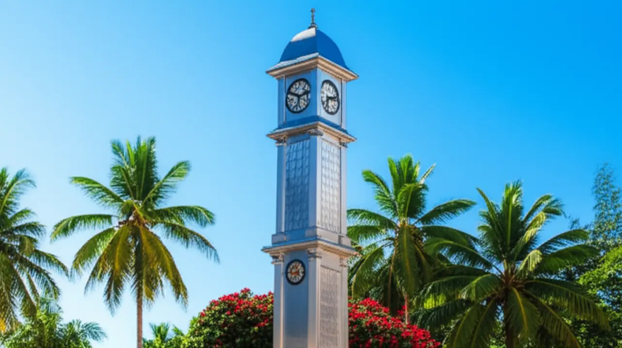 Torre do Relógio prateada em Victoria, Seychelles, com árvores tropicais ao fundo.