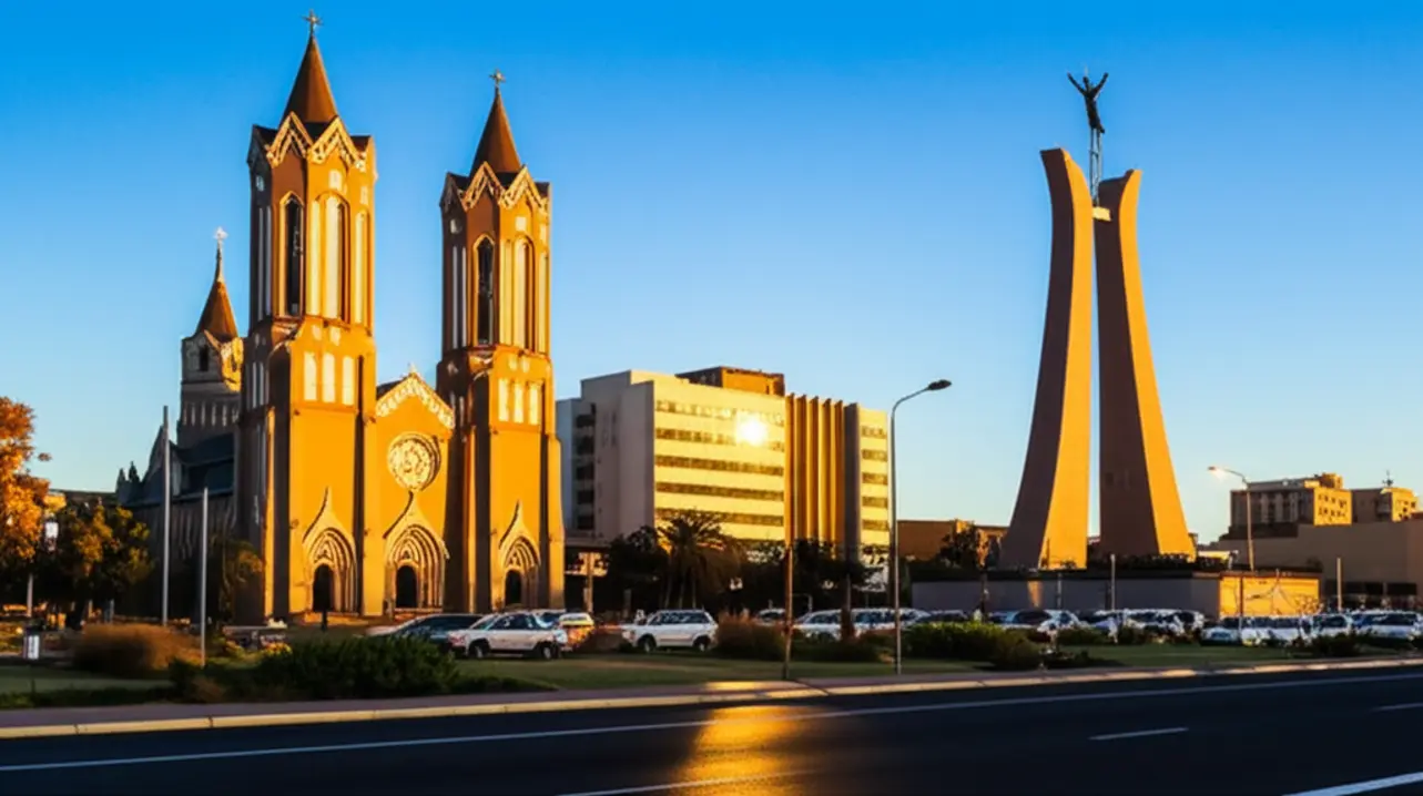 Vista da Christuskirche e do Museu da Independência em Windhoek, Namíbia.