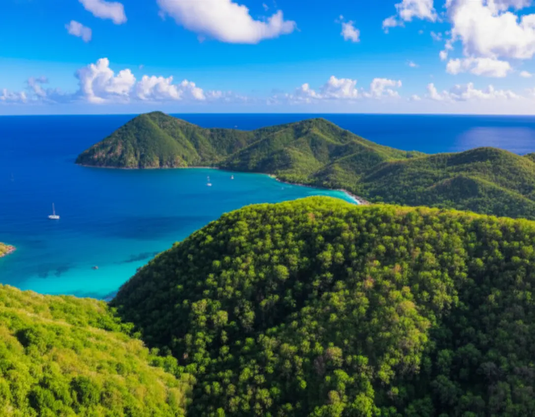 Vista panorâmica aérea da ilha de Tortola com montanhas verdes e mar turquesa.