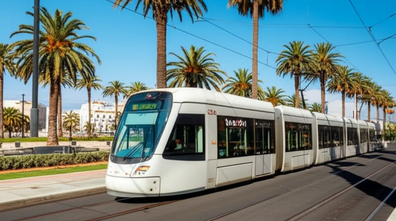 Bonde elétrico moderno (Tramway) circulando por avenida arborizada em Casablanca.