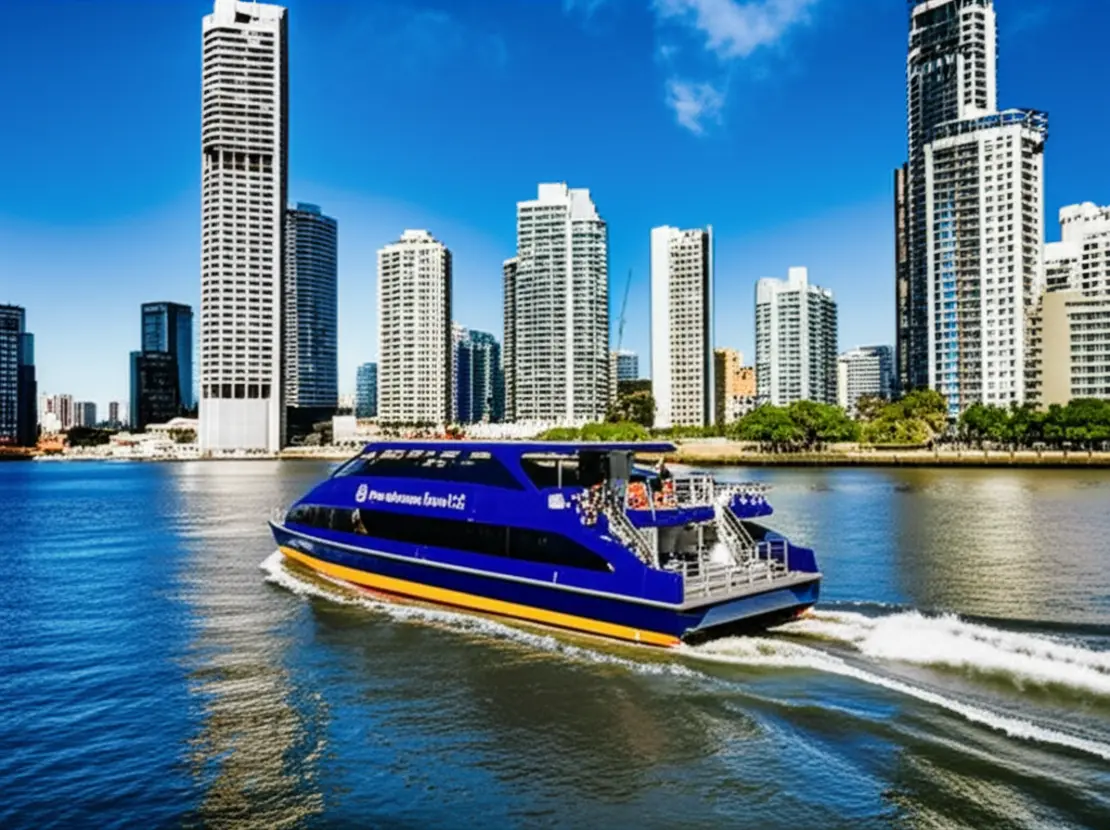 Uma balsa azul CityCat navegando pelas águas azuis do Rio Brisbane em um dia ensolarado.