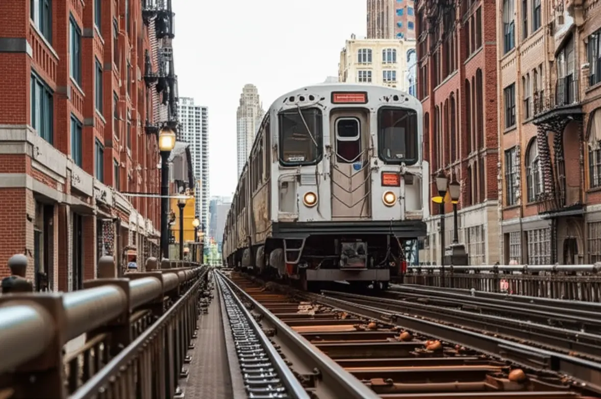 Trem elevado circulando entre prédios históricos no centro de Chicago.