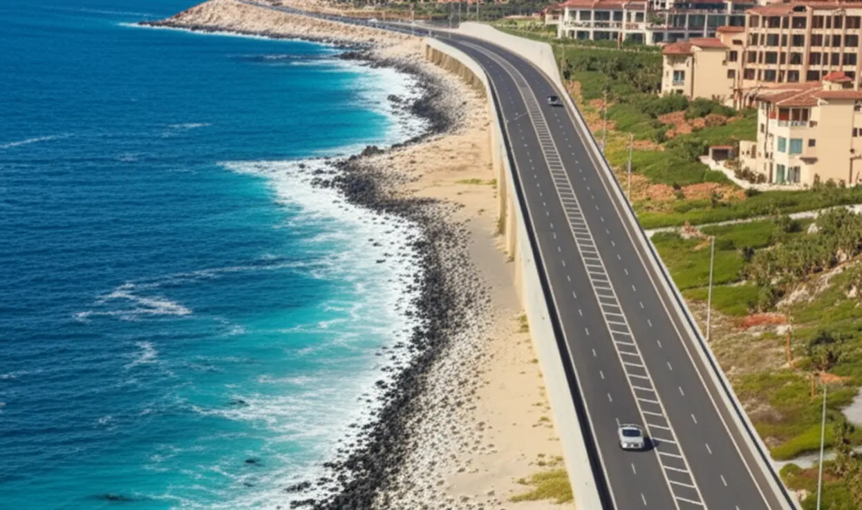 Carro percorrendo a estrada cênica do Corredor Turístico em Los Cabos.