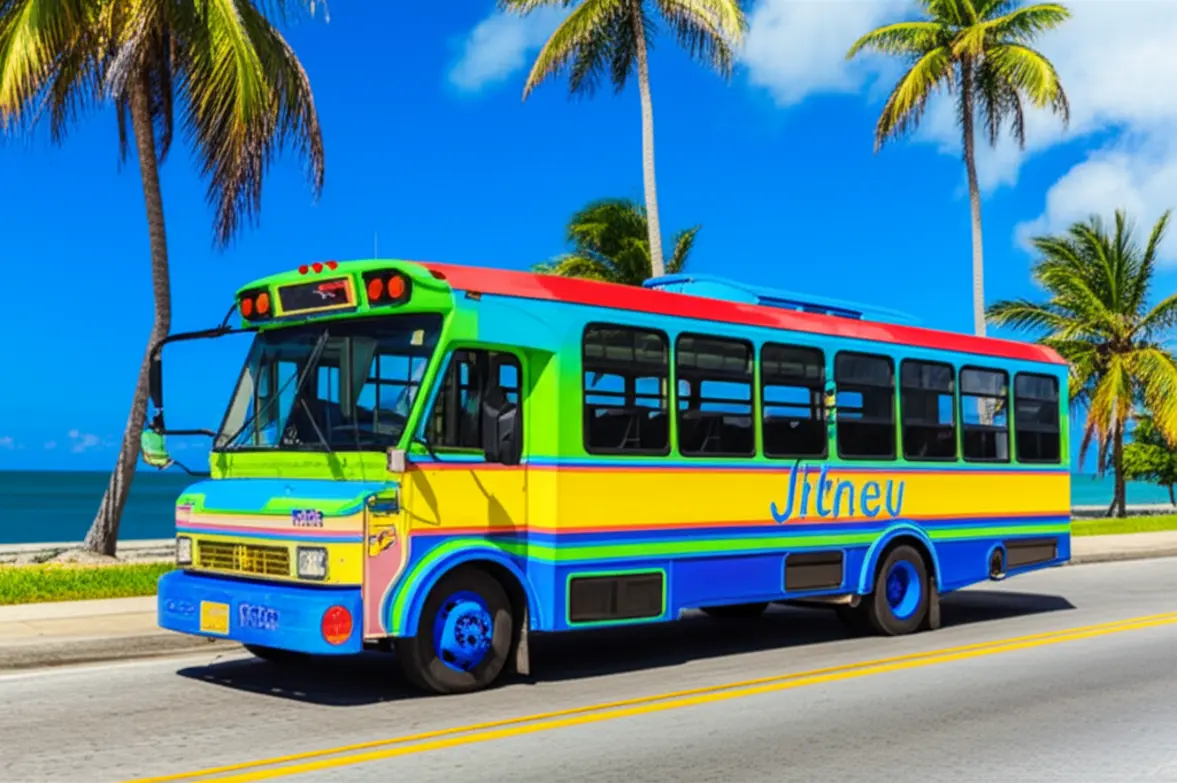 Um ônibus Jitney colorido circulando pelas ruas ensolaradas de Nassau.