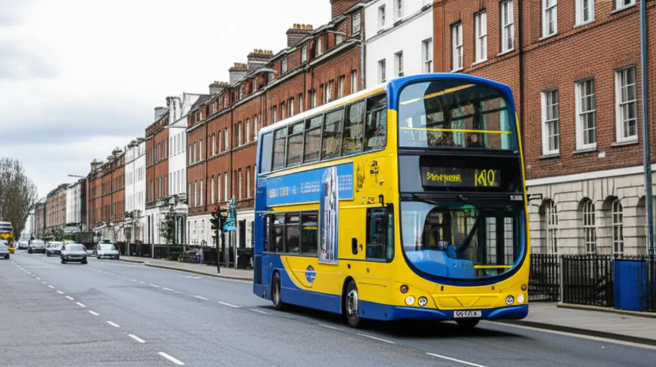 Ônibus de dois andares de Dublin passando por prédios históricos sob um céu nublado.
