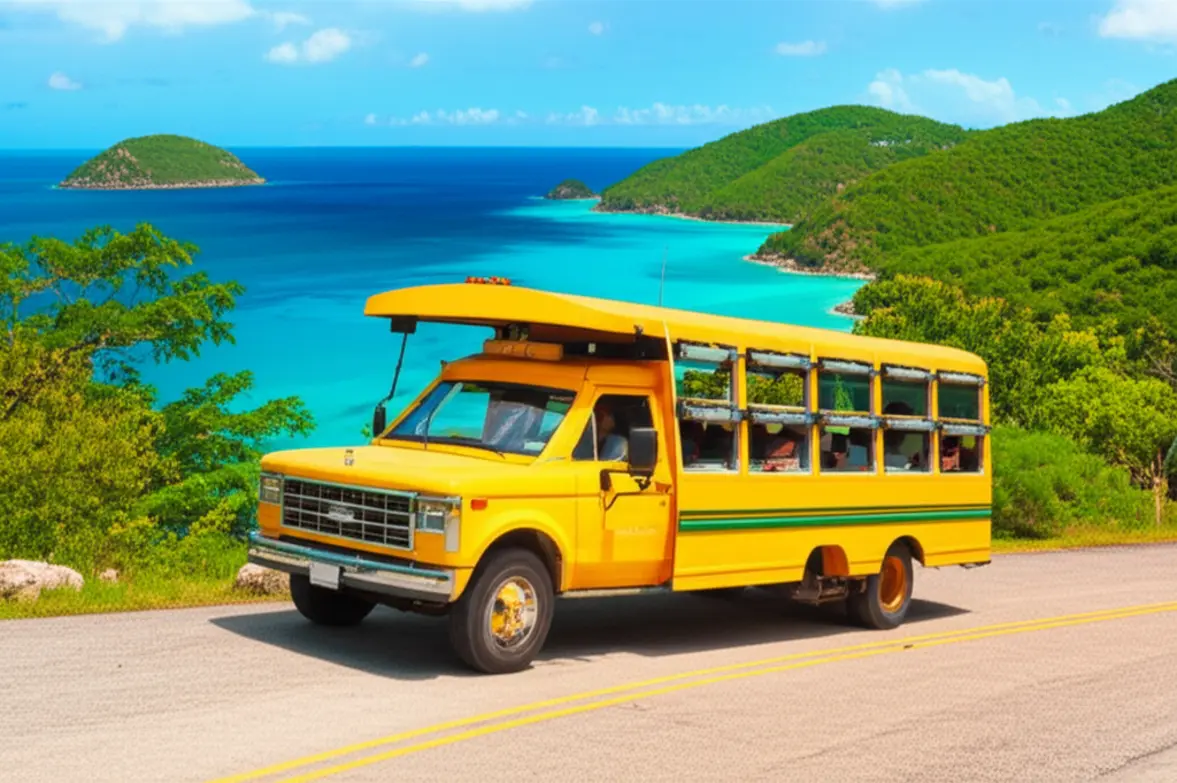 Um táxi safari colorido descendo uma estrada montanhosa com vista para o mar em Tortola.