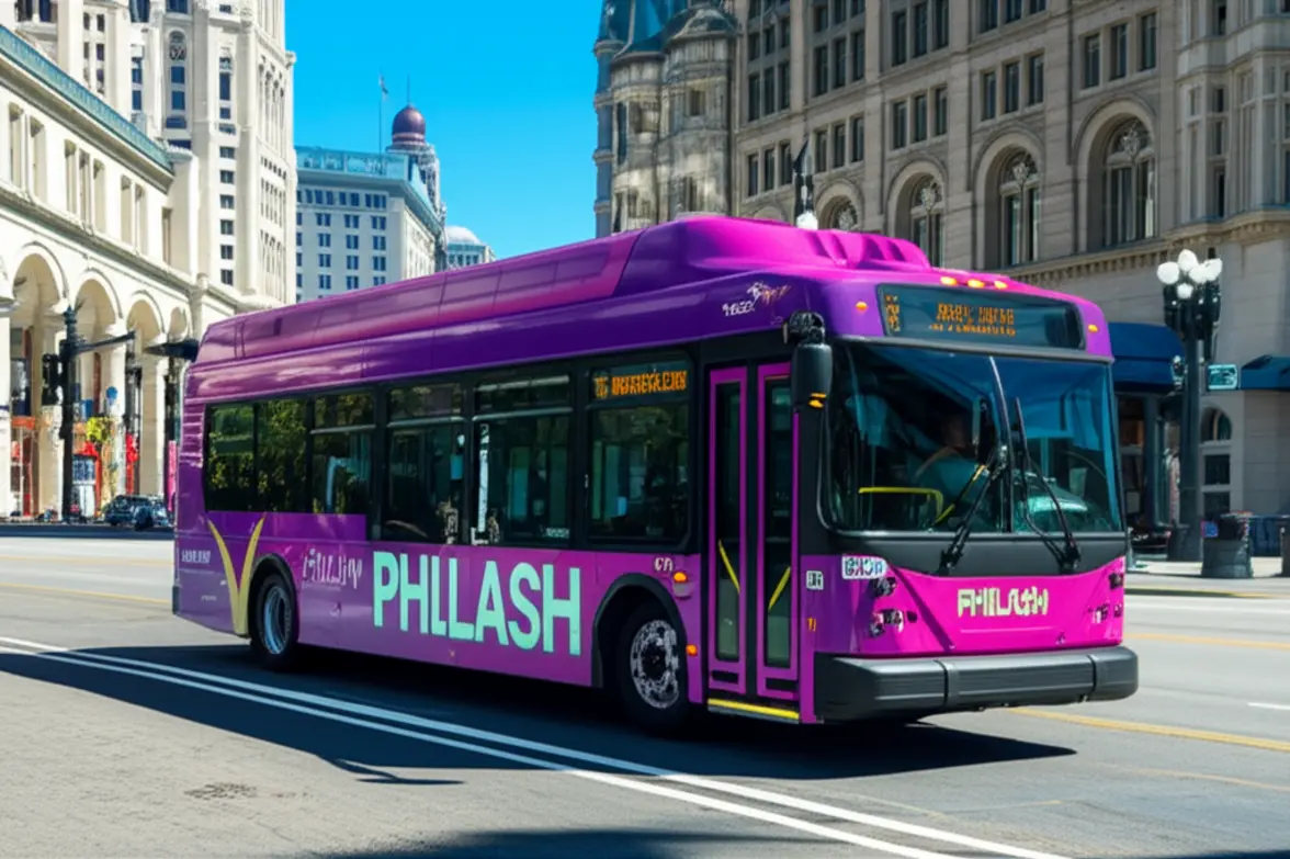 O ônibus turístico roxo e rosa PHLASH circulando por uma rua central da Filadélfia.