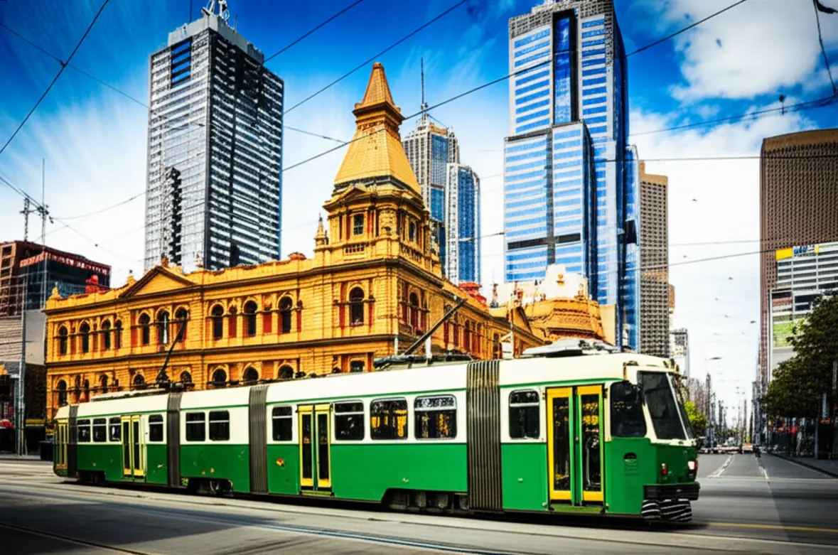 Um bonde tradicional de Melbourne circulando pelas ruas modernas do centro.