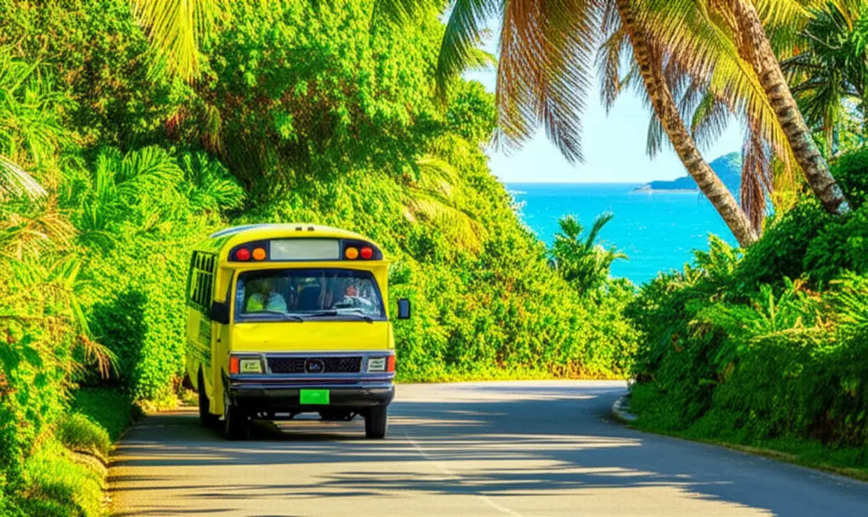 Minivan colorida de transporte público em uma estrada litorânea cercada por palmeiras.