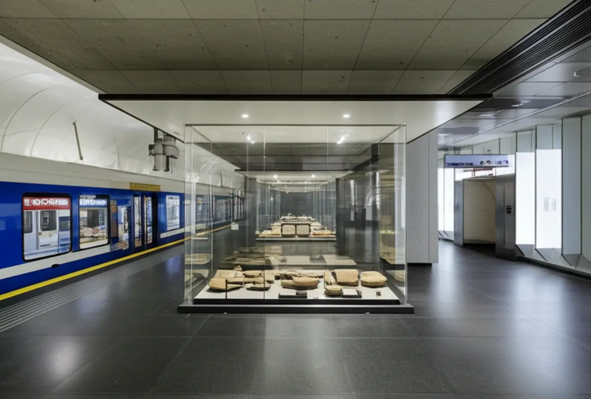 Interior de uma estação de metrô moderna em Atenas com vitrines exibindo artefatos antigos.