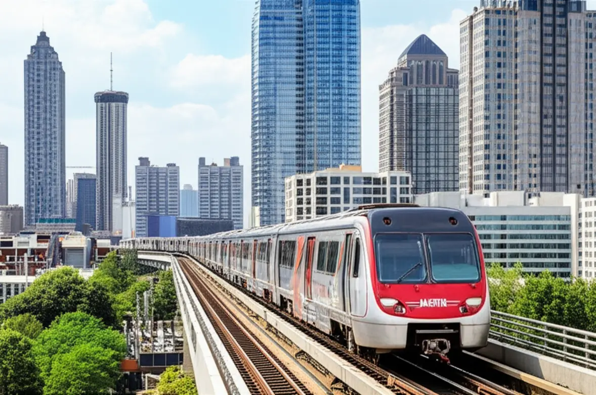 Trem do metrô MARTA em Atlanta com skyline de Midtown ao fundo.
