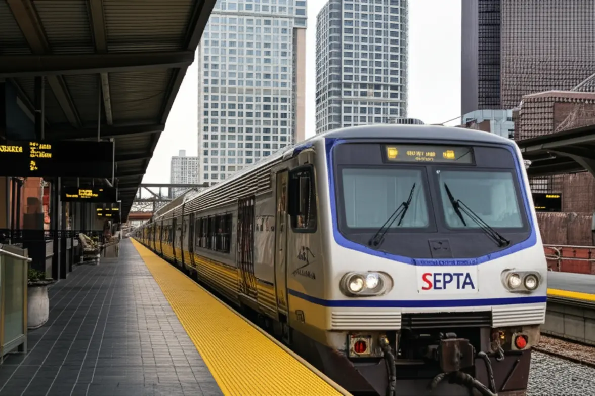 Plataforma de trem da SEPTA na Filadélfia com um trem moderno se aproximando.