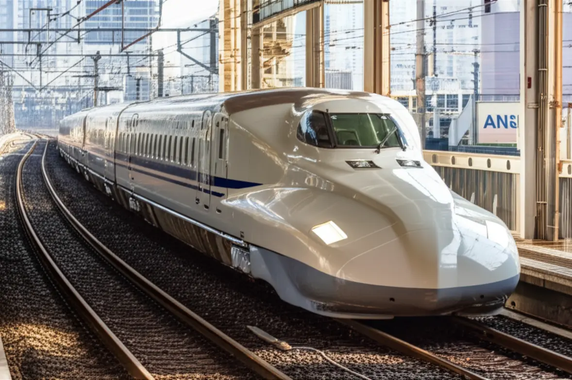 Trem-bala Shinkansen moderno parado na plataforma da Estação de Tóquio.
