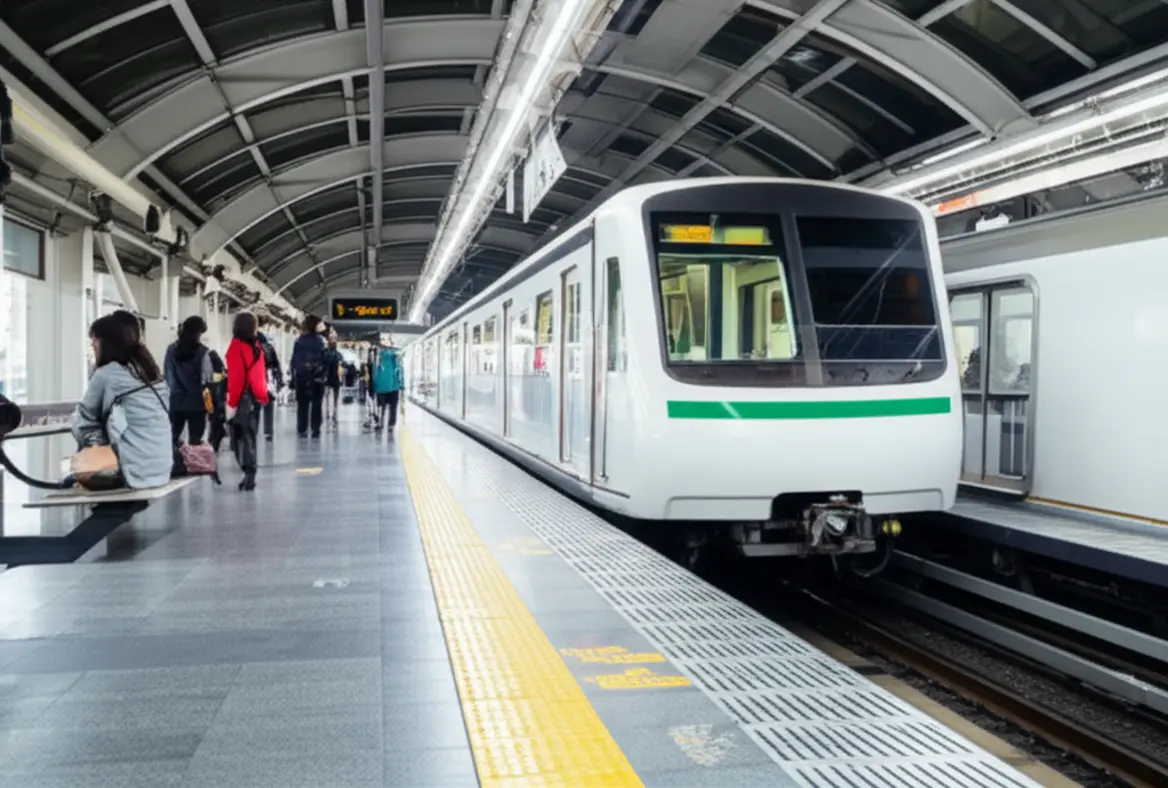 Plataforma de metrô moderna e limpa em Osaka com passageiros e trens tecnológicos.