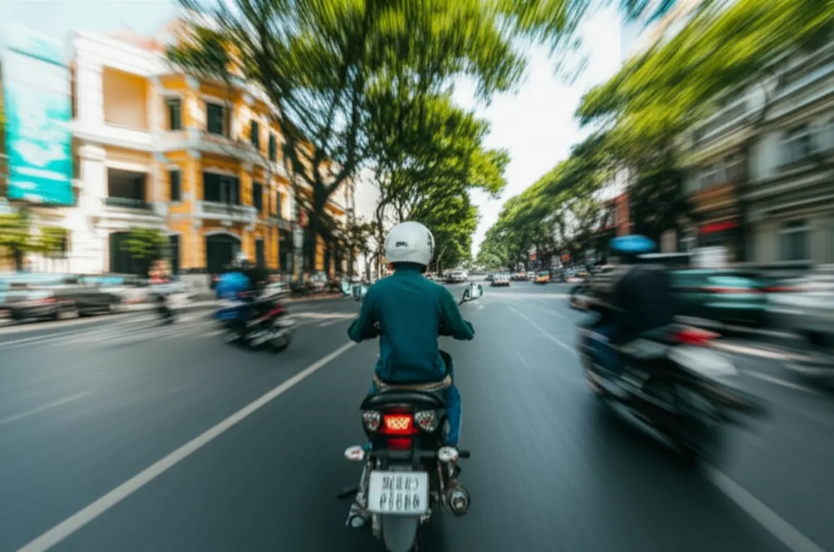 Vista de passageiro em uma moto cruzando as ruas arborizadas do Distrito 1.