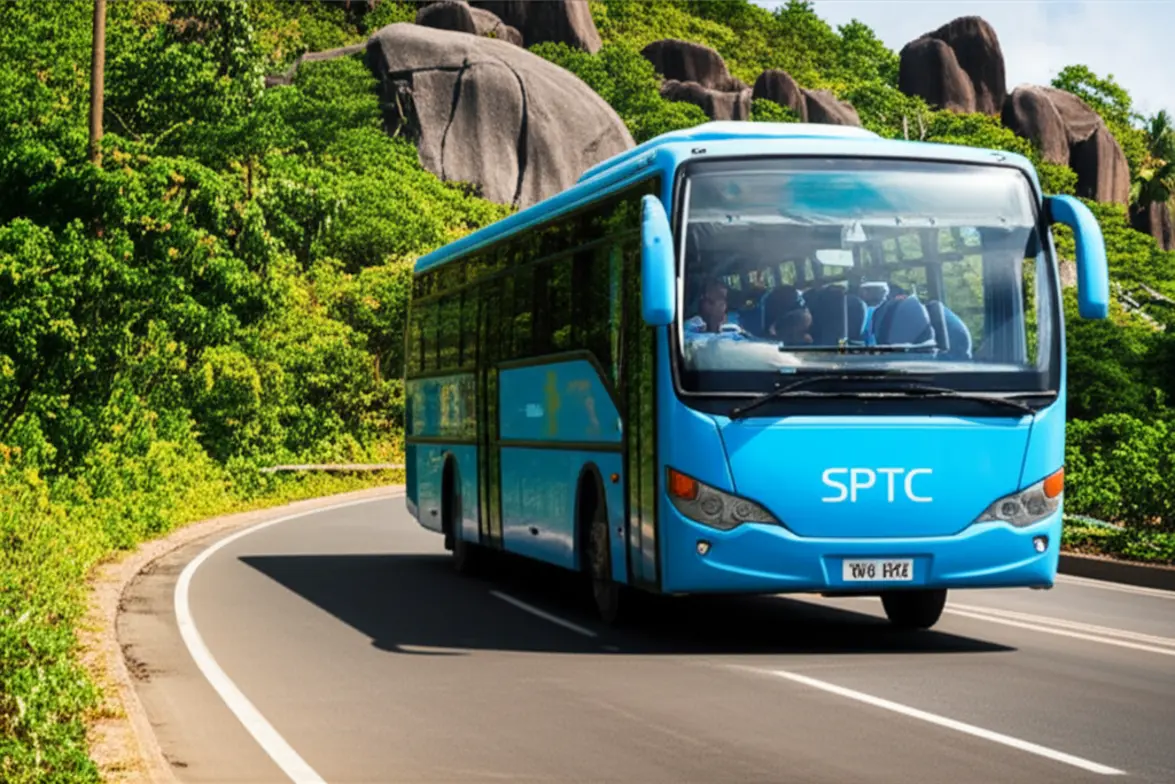 Ônibus azul da rede pública circulando por rua arborizada em Victoria.