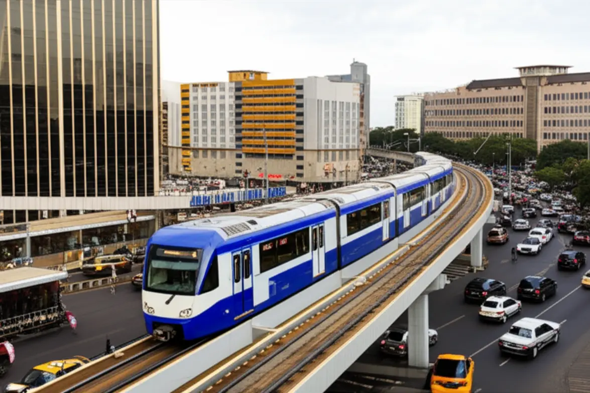 Trem azul e branco do metrô de superfície passando por trilhos modernos em Adis Abeba.
