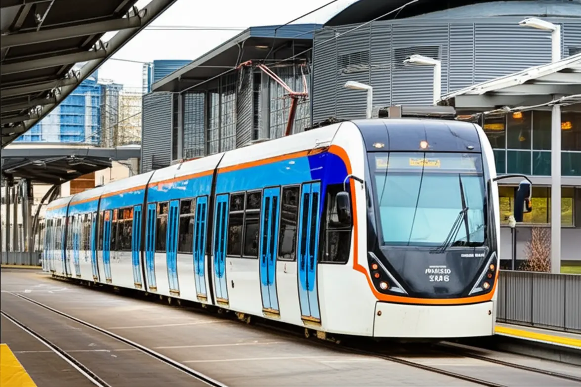 Trem do Link Light Rail percorrendo uma área urbana moderna de Seattle.