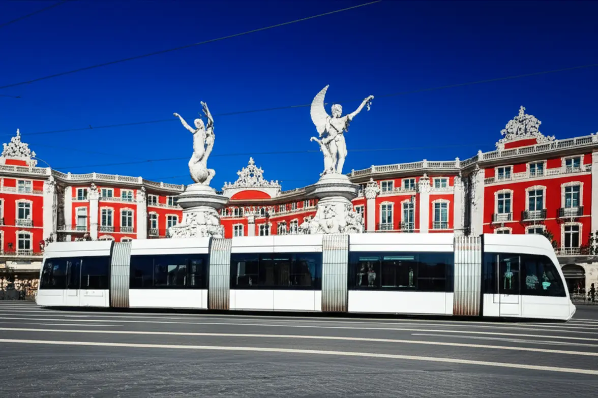 Bonde moderno circulando pela Place Masséna em Nice sob um céu limpo.
