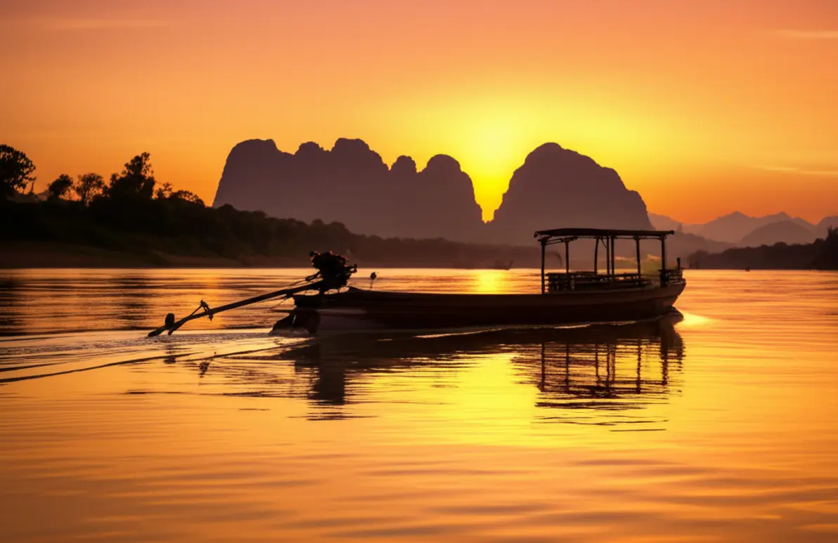Barco tradicional navegando no Rio Mekong em Luang Prabang ao pôr do sol.