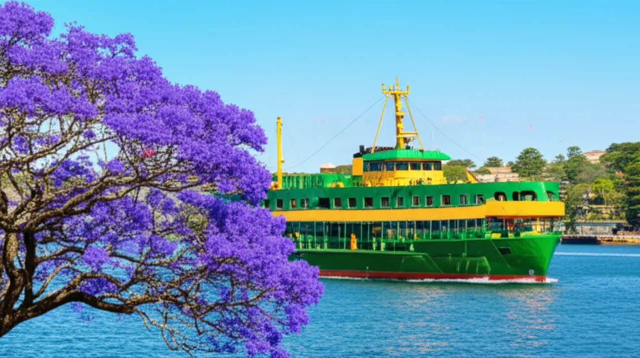 Balsa de Sydney cruzando o porto com jacarandás roxos florescendo.