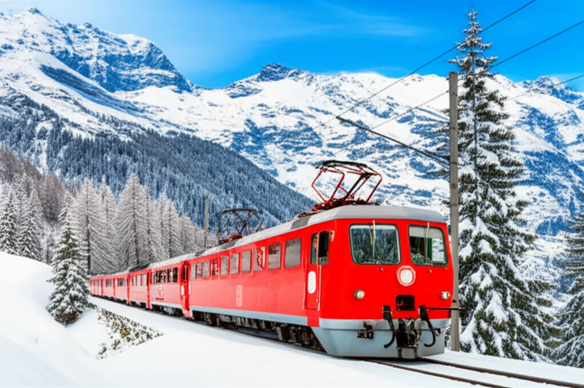 Trem vermelho suíço percorrendo uma paisagem alpina nevada.