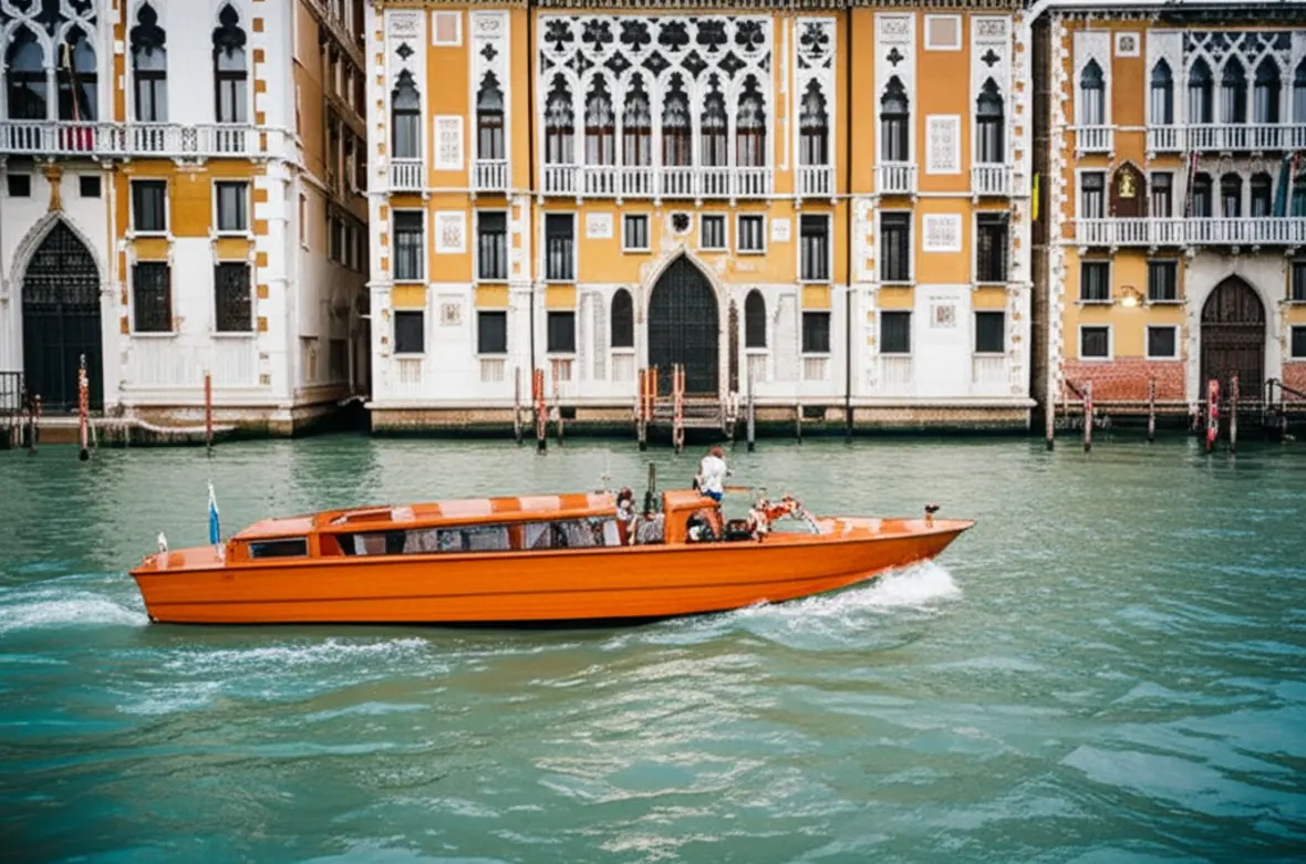 Um Vaporetto navegando pelo Grande Canal de Veneza durante o dia.