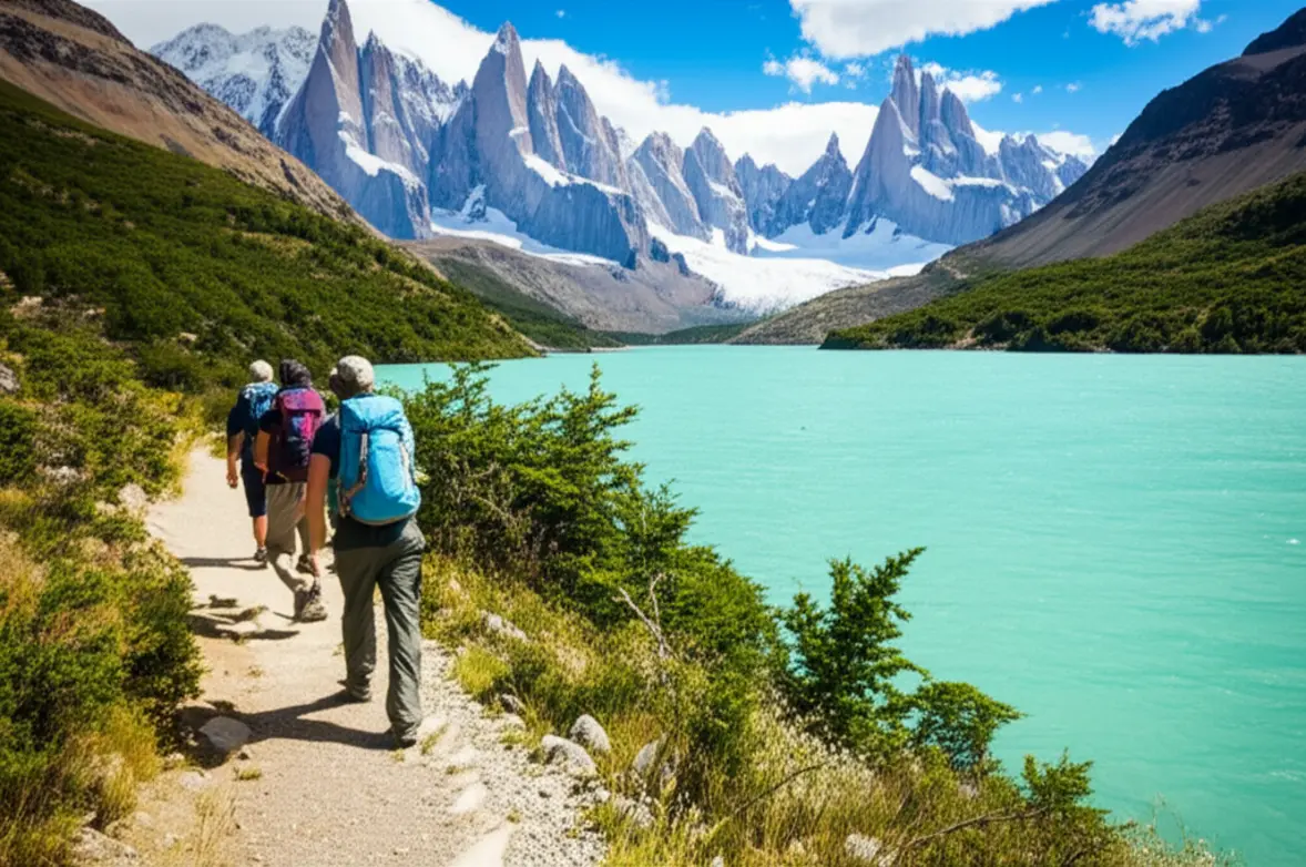Trilheiros caminhando à beira do Lago Nordenskjöld com os Cuernos del Paine ao fundo.