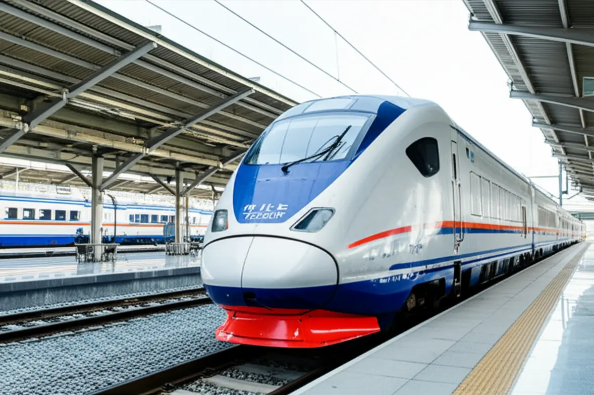 Um trem de alta velocidade KTX chegando à moderna estação de Busan.
