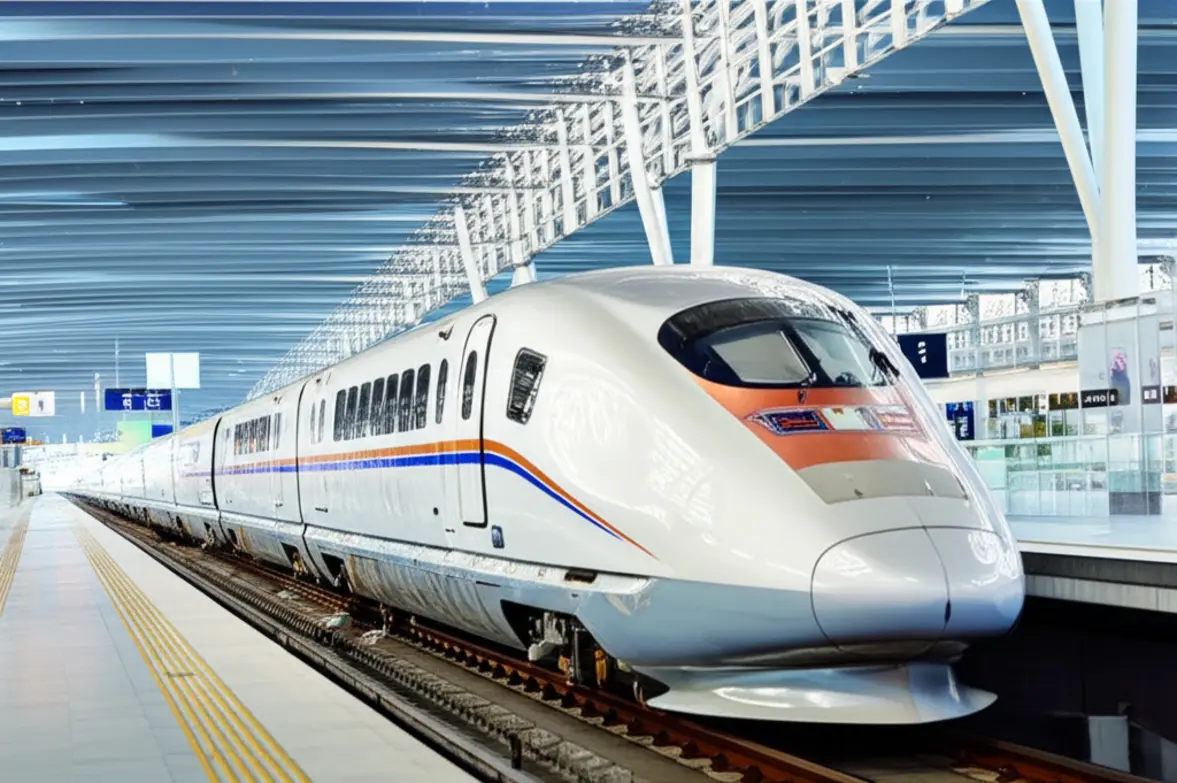 O trem Maglev de alta velocidade na moderna estação do aeroporto de Pudong.