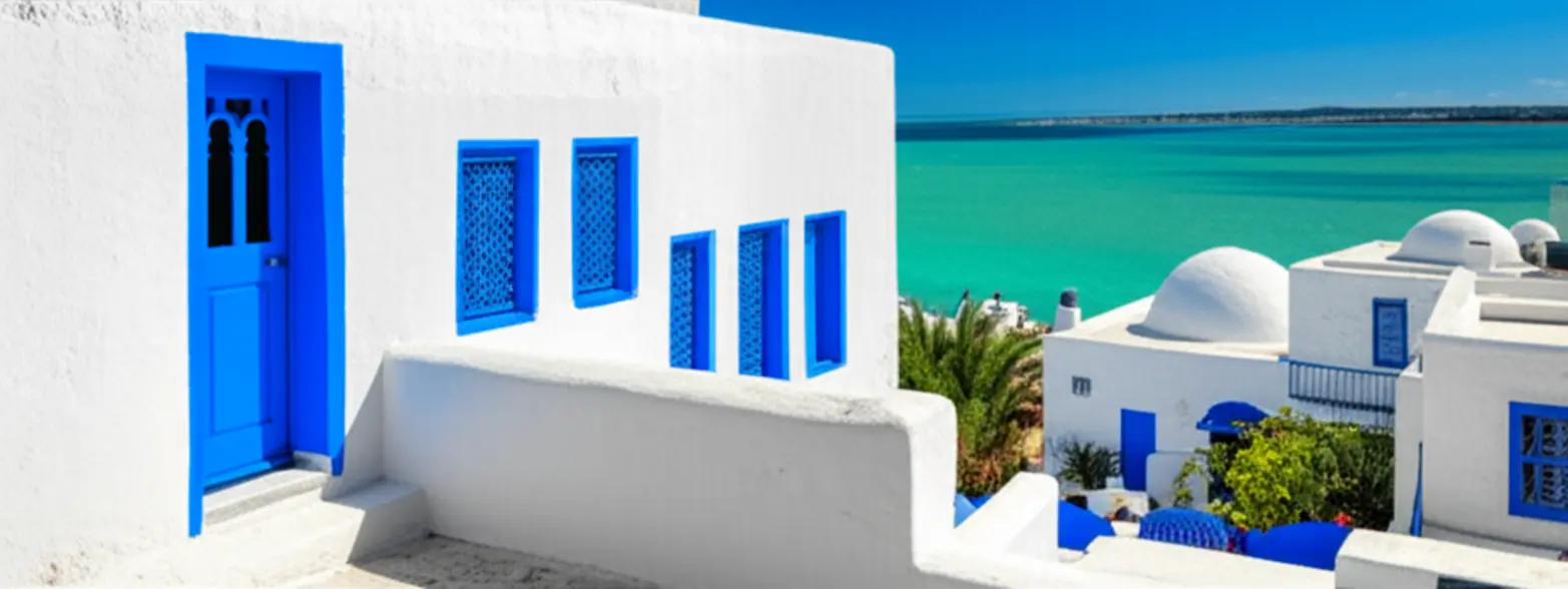 Vista icônica de Sidi Bou Said na Tunísia com casas brancas e portas azuis.
