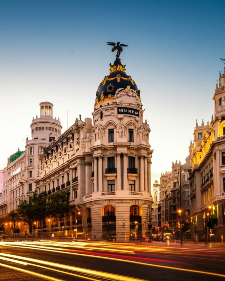 Vista panorâmica da Gran Vía em Madri com o icônico edifício Metropolis ao entardecer.
