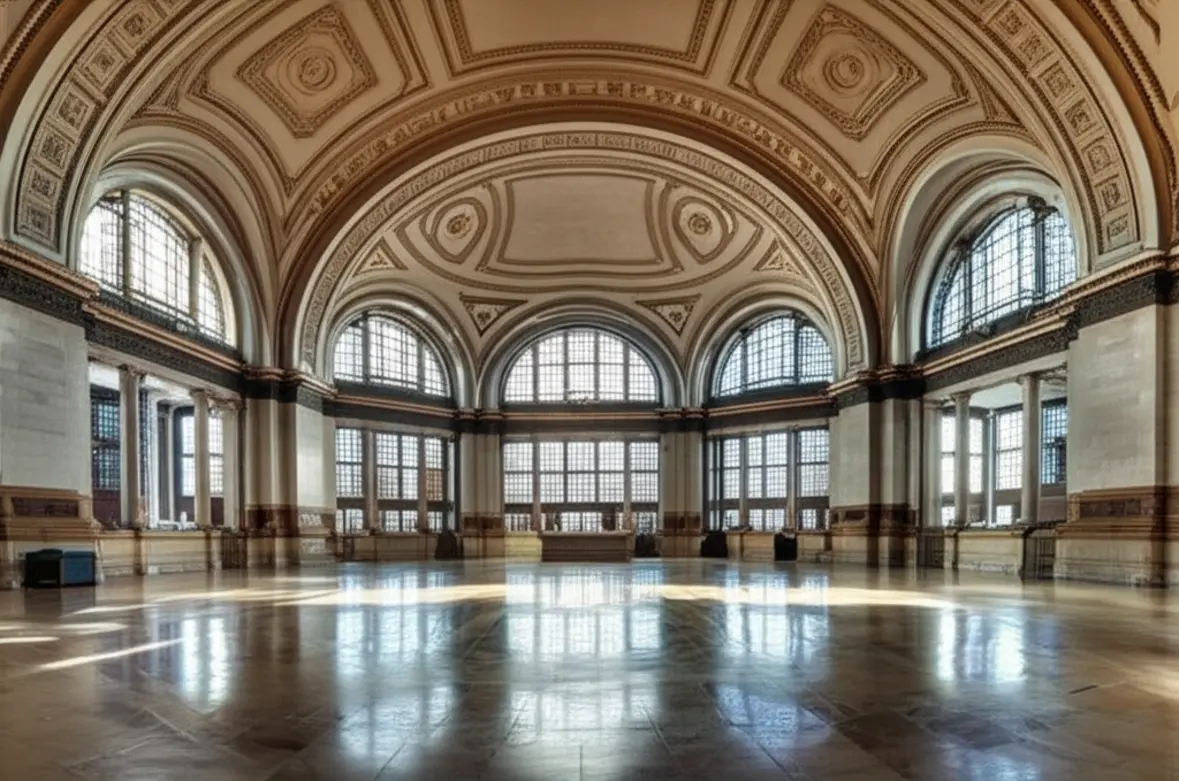 Interior vasto e luxuoso da estação de trem histórica Union Station em Kansas City.