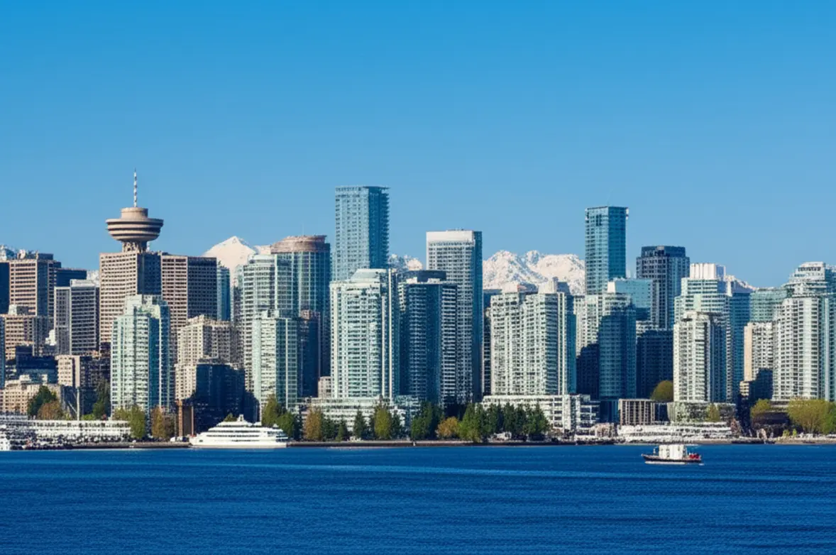 Panorama da cidade de Vancouver com montanhas nevadas ao fundo e o oceano à frente.