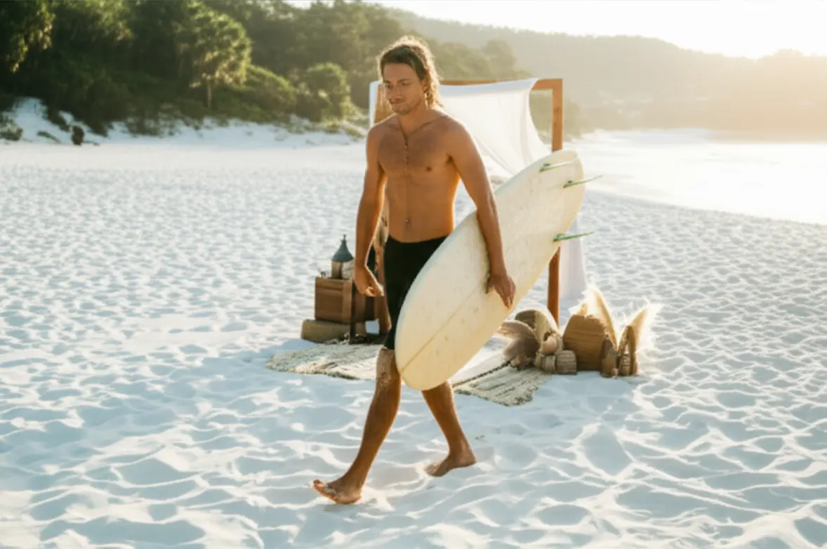Surfista caminhando com prancha na areia branca de Byron Bay com estilo boho-chic.