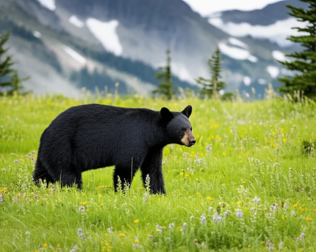 Um urso preto em um prado verdejante nas montanhas de Whistler.