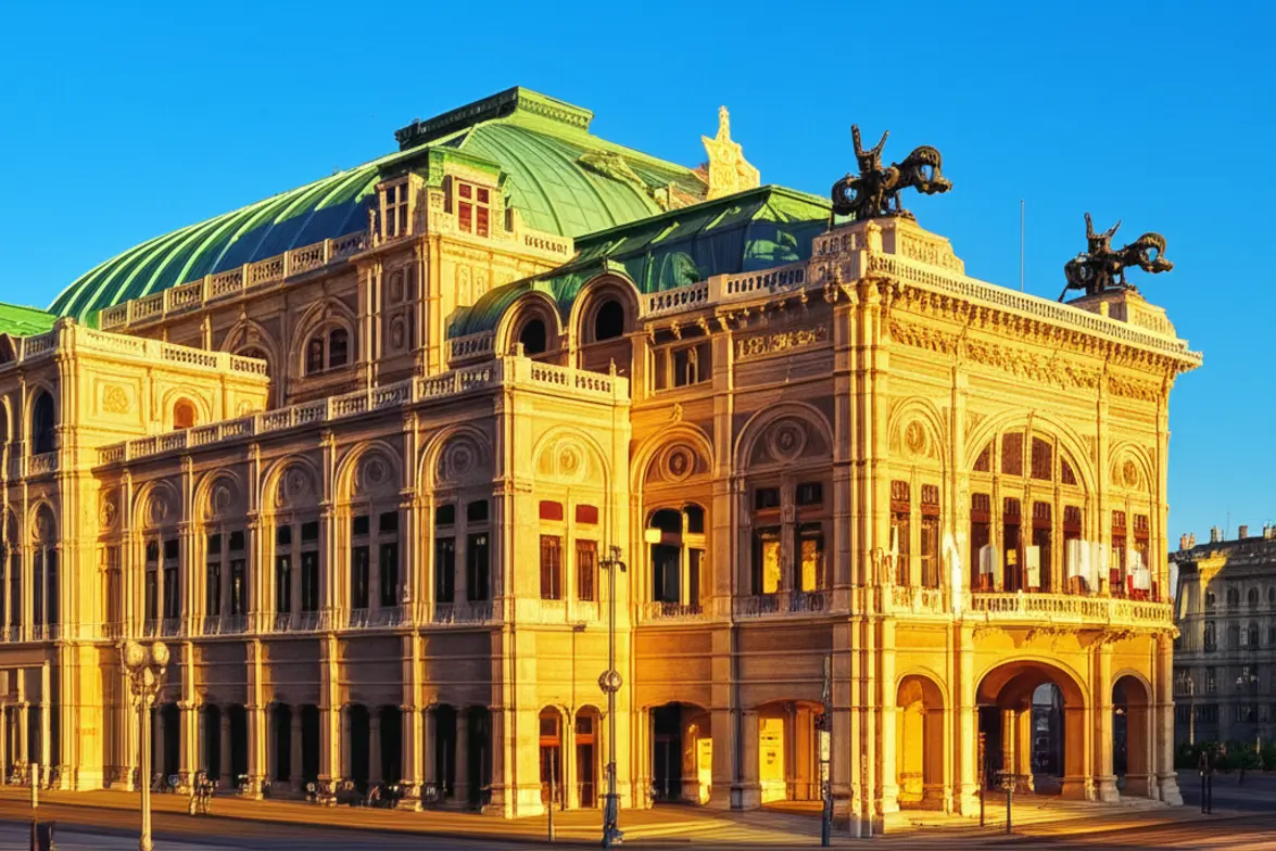 Vista icônica da Ópera Estatal de Viena iluminada ao entardecer.