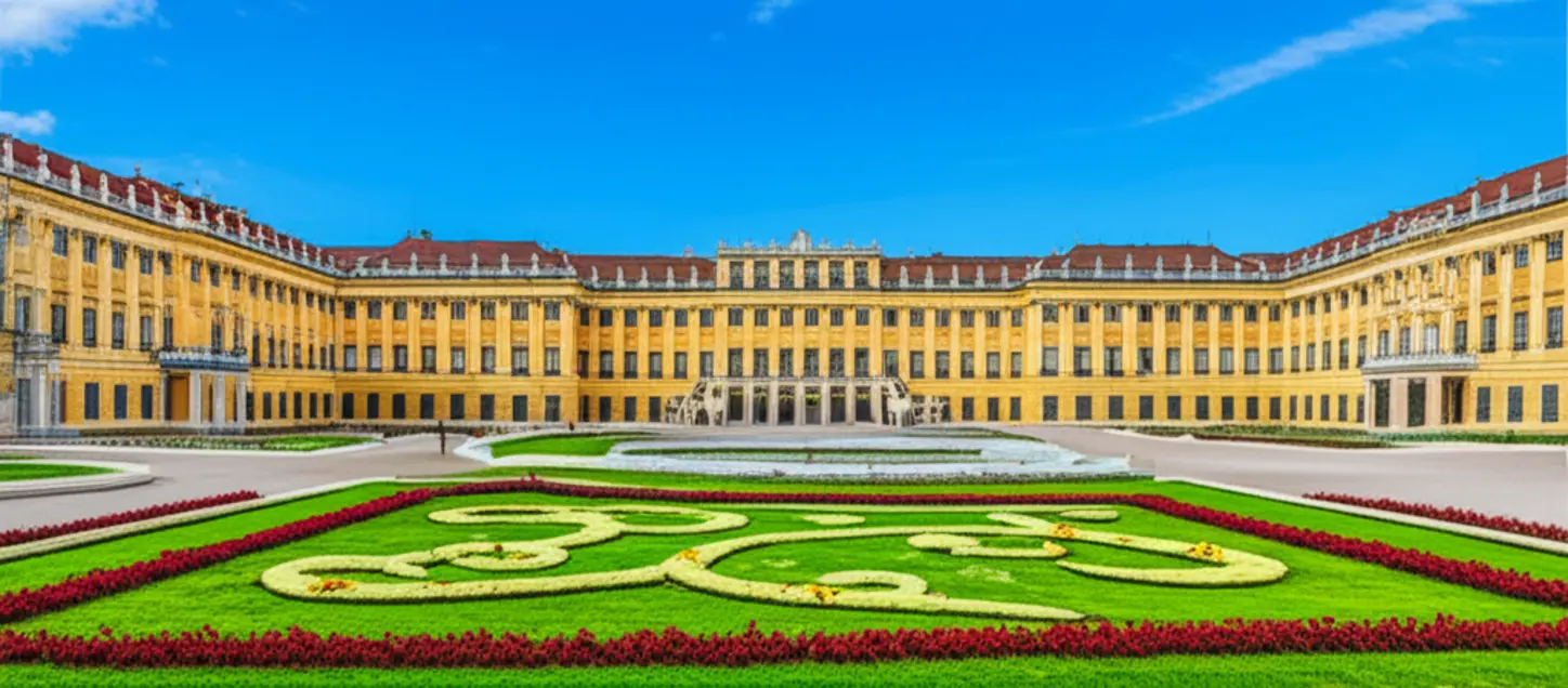Vista panorâmica do Palácio de Schönbrunn e seus jardins simétricos em Viena.