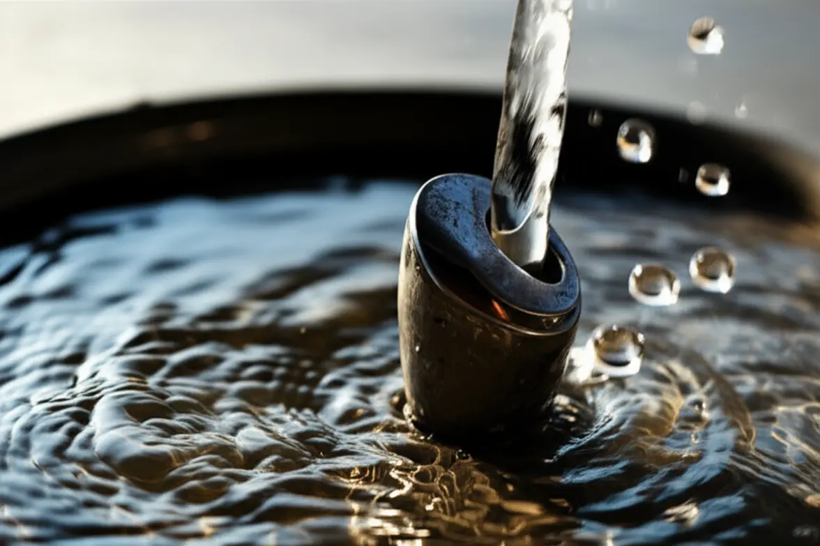 Close-up de água cristalina saindo de uma fonte pública moderna em Viena.
