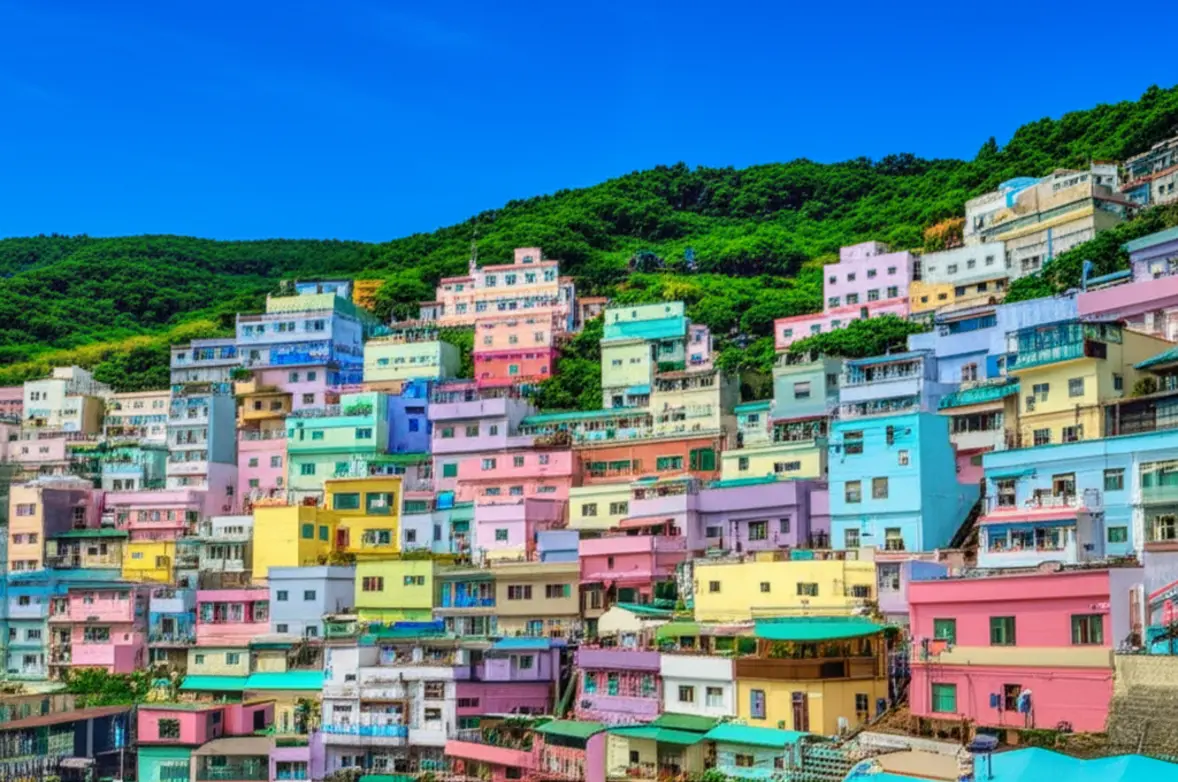 Vista panorâmica das casas coloridas da Vila Cultural de Gamcheon em Busan sob um céu claro.