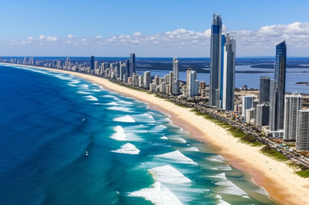 Vista aérea panorâmica da costa da Gold Coast vista do alto de um mirante.