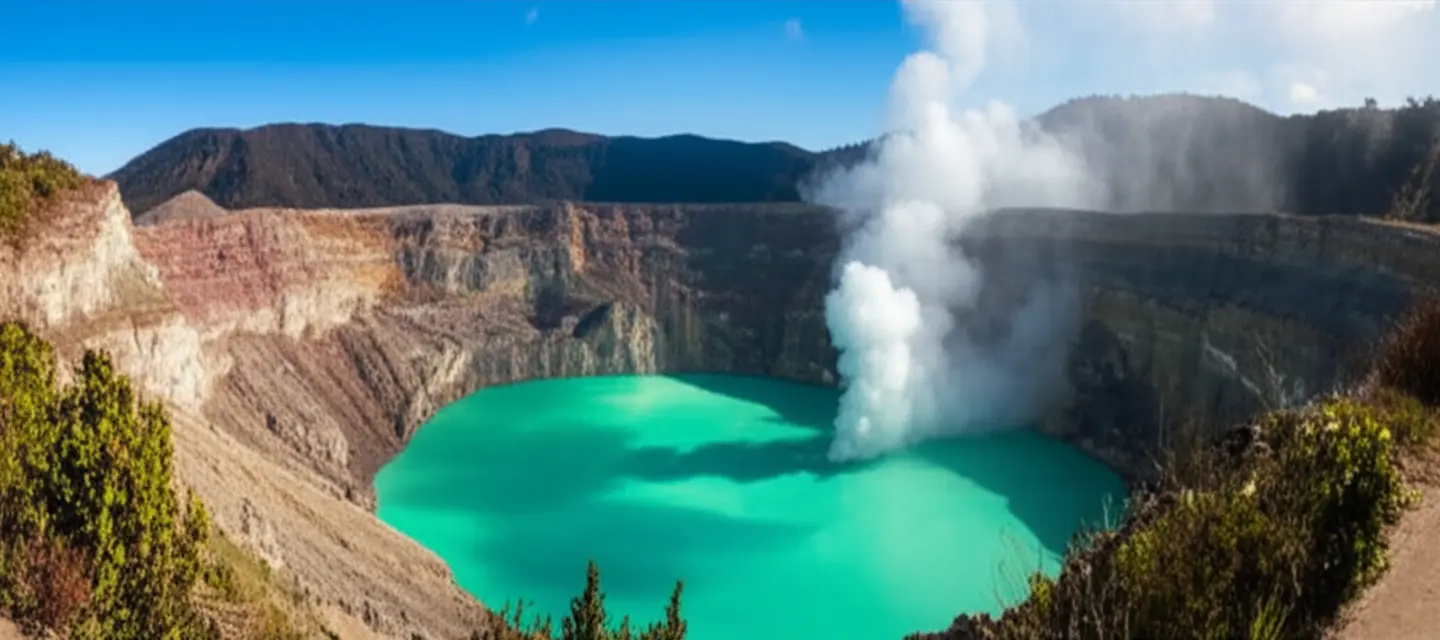 Cratera do Vulcão Poás com seu lago azul-turquesa em um dia claro.