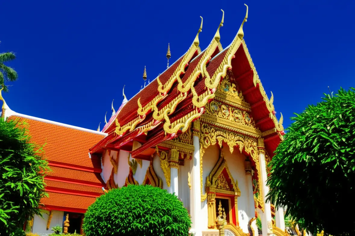 Fachada detalhada do templo budista Wat Chalong em Phuket com detalhes em ouro.