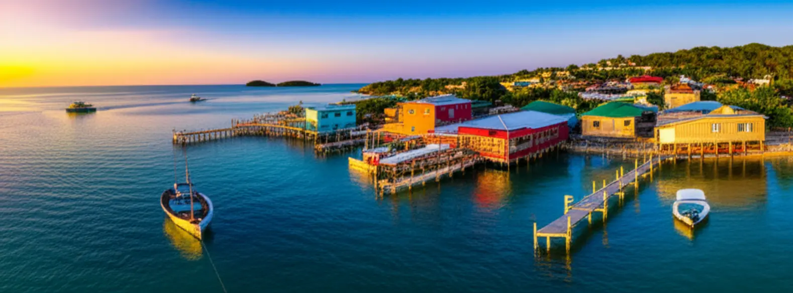 Vista aérea da vila de West End em Roatán durante o pôr do sol.