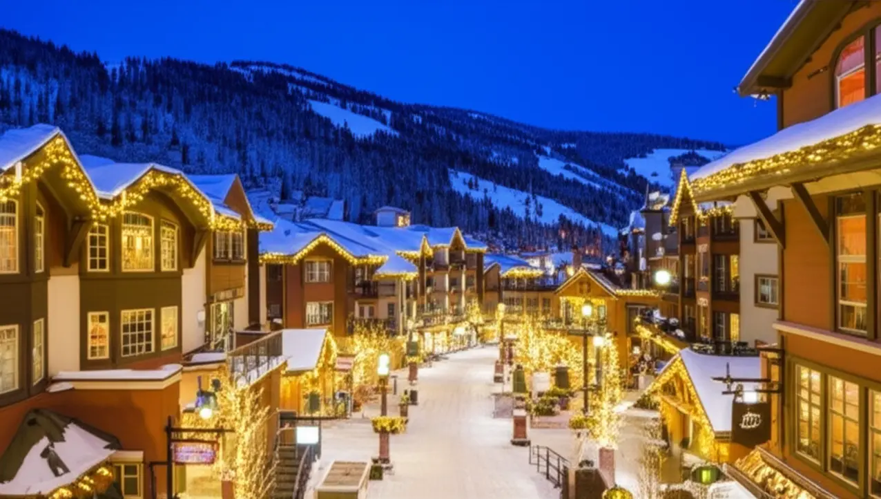 Rua de pedestres de Whistler Village com luzes e neve ao entardecer.