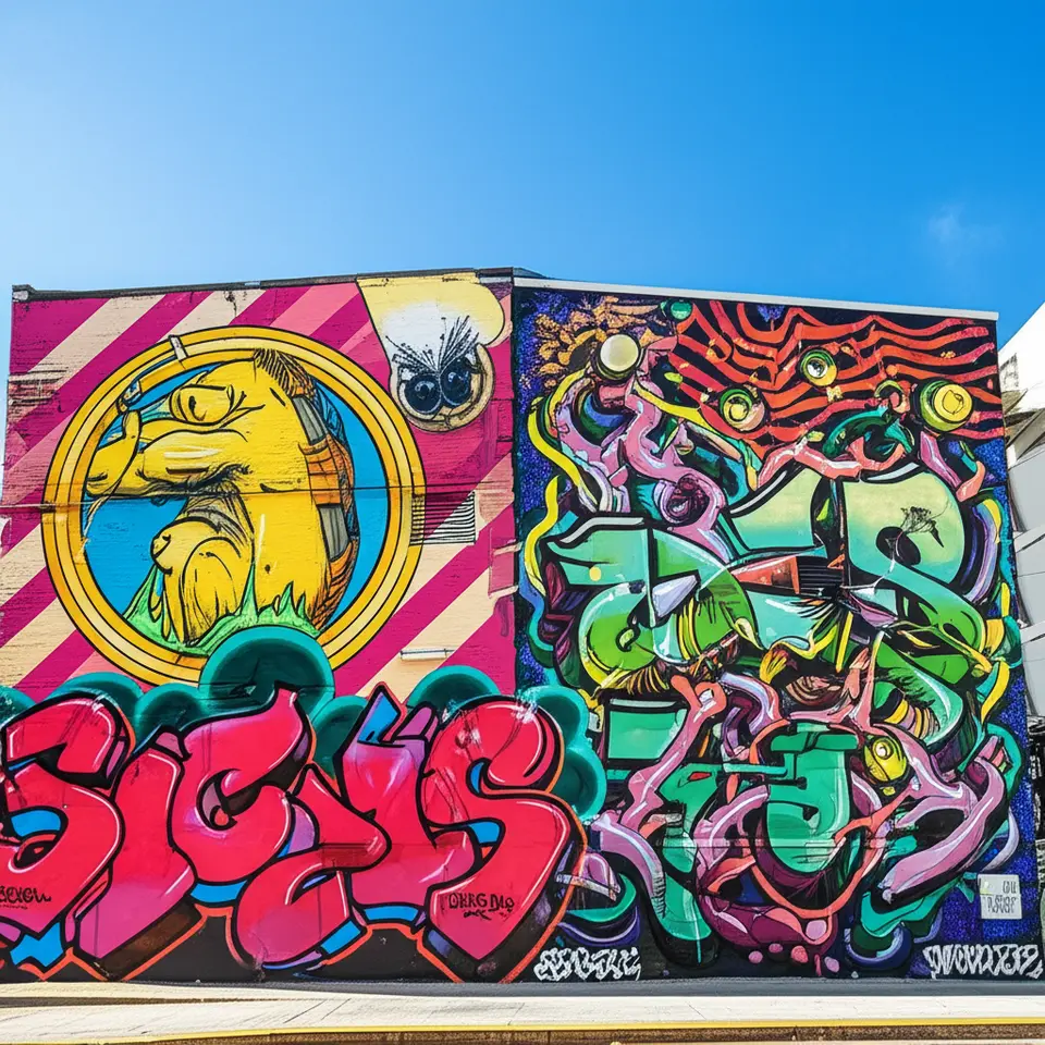 Paredes coloridas com grafites e arte urbana no bairro de Wynwood.