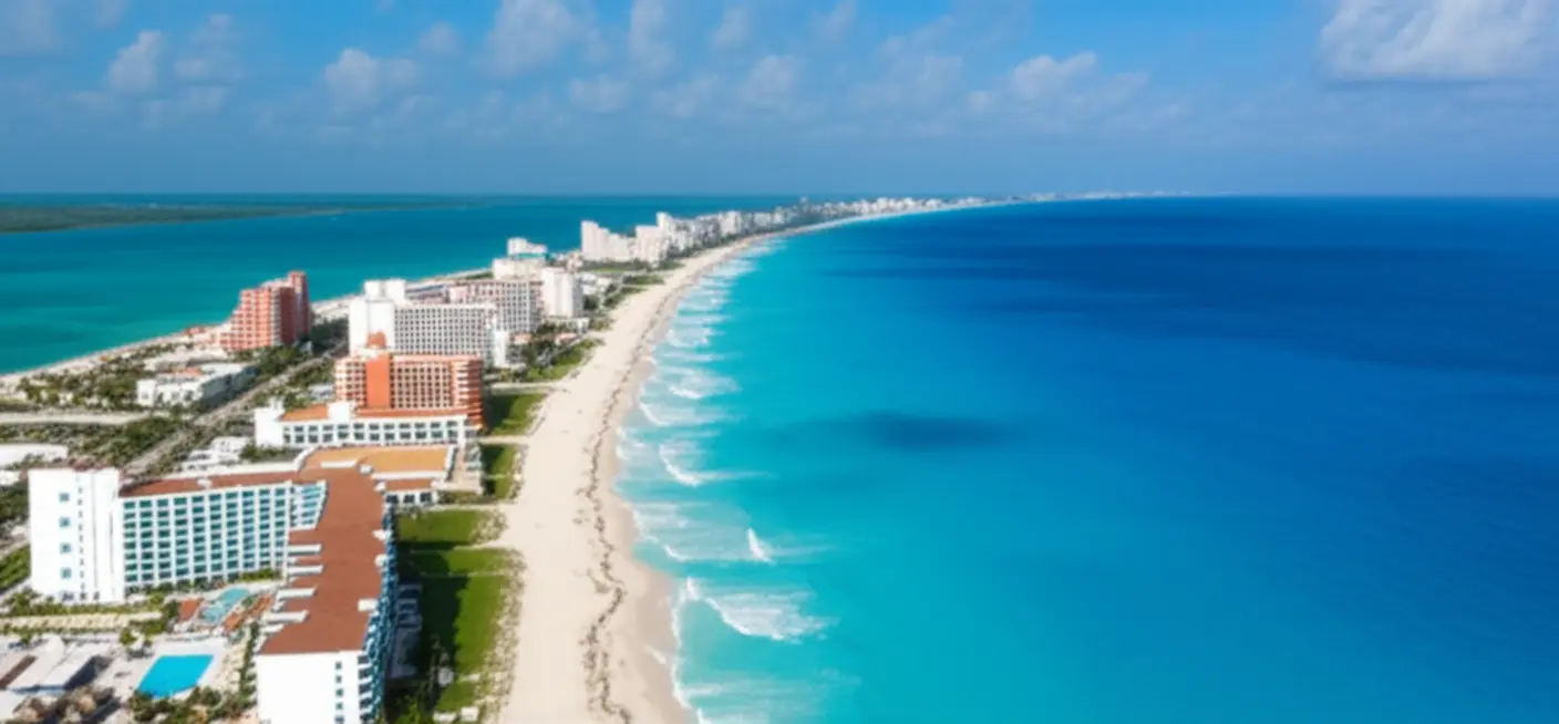 Vista aérea da icônica Zona Hoteleira de Cancún em formato de sete.